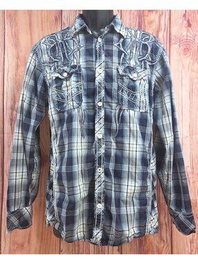 Roar Signature Edition Blue Plaid Western Snap Shirt Large Slim Fit
